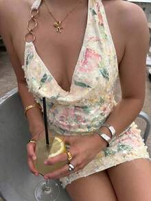 Firerie Women's Elegant Sexy Delicate Romantic Vacation Party Music Festival Date Green Backless Floral Print Bodycon Mini Dress With Metal Decor,Dresses For Women Summer - Apricot - View 1
