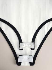 SHEIN Franclia Women's Casual Bodysuit With Trim Button Design - Black and White - View 6