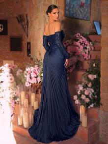 Glamrae Đầm maxi dài tay cúp ngực, xẻ tà cao, chất liệu ren đính hạt và satin sang trọng, phù hợp cho các buổi hẹn hò, đám cưới, tiệc tùng, dạ hội và kỳ nghỉ. - Màu xanh hải quân - Xem 2