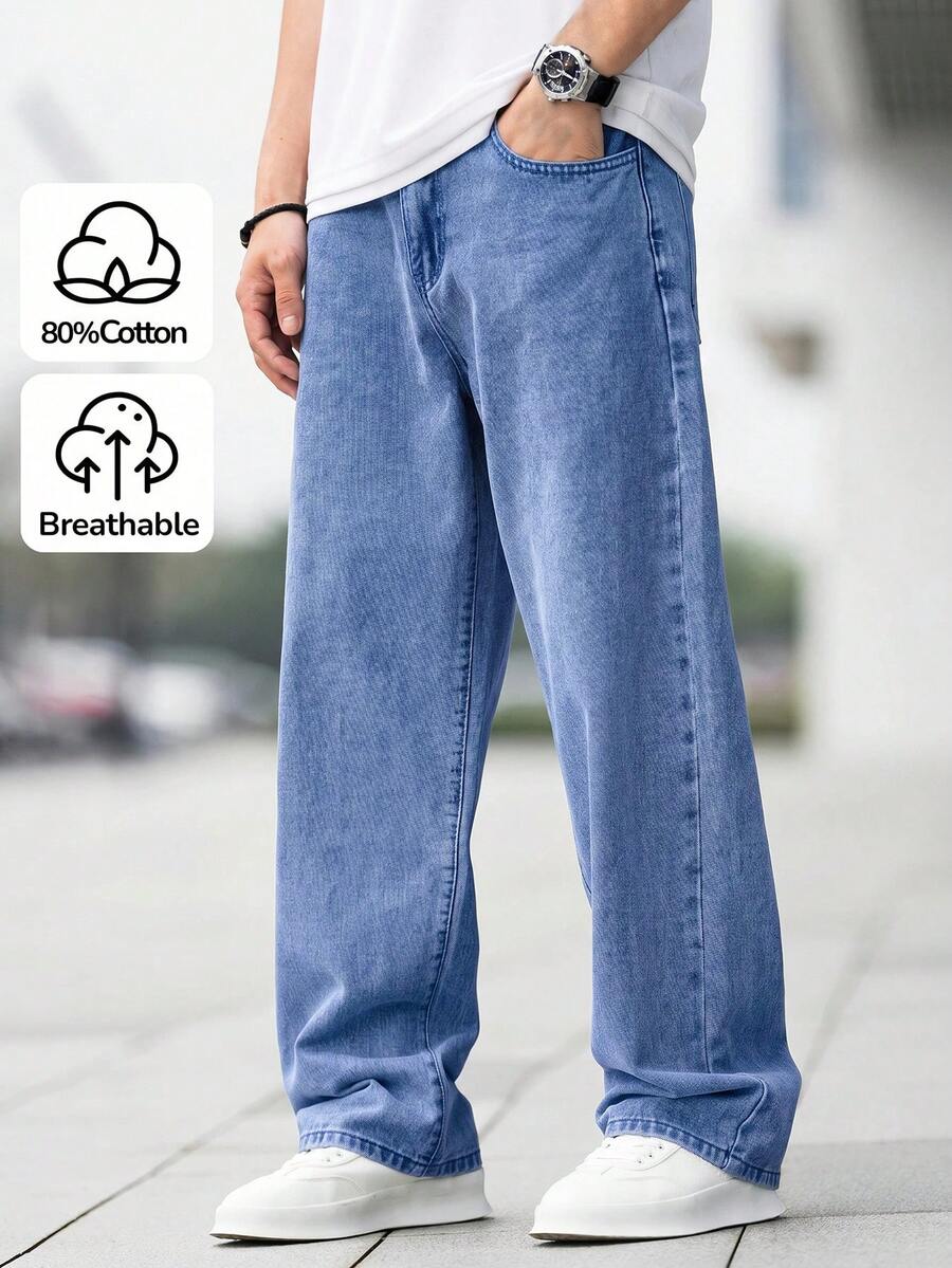 SHEIN 青少年男童时尚休闲浅灰色牛仔基本款简约宽松直筒牛仔裤,柔软舒适,适合日常穿着,四季皆宜。 - 深色水洗藍 - 查看 1