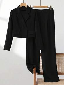 Elenzga Plus Size Women's Notched Collar, Decorative Button, Straight Leg Pants Solid Color 2 Pieces Set Office Black Autumn Elegant - Black - View 1