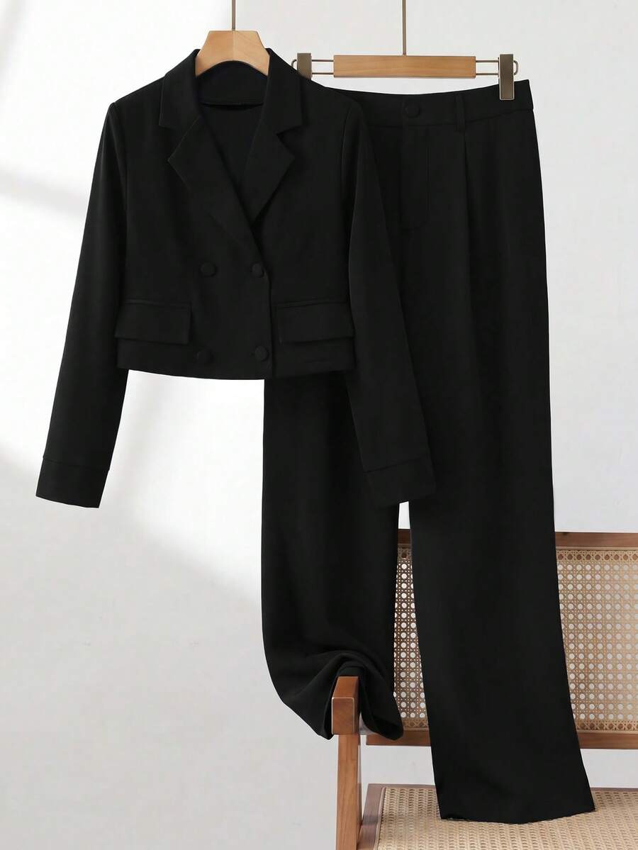Elenzga Plus Size Women's Notched Collar, Decorative Button, Straight Leg Pants Solid Color 2 Pieces Set Office Black Autumn Elegant - Black - View 1