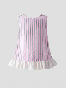 SHEIN 女童无袖圆领条纹荷叶边休闲背心套装，夏季 - 粉色 - 查看 9