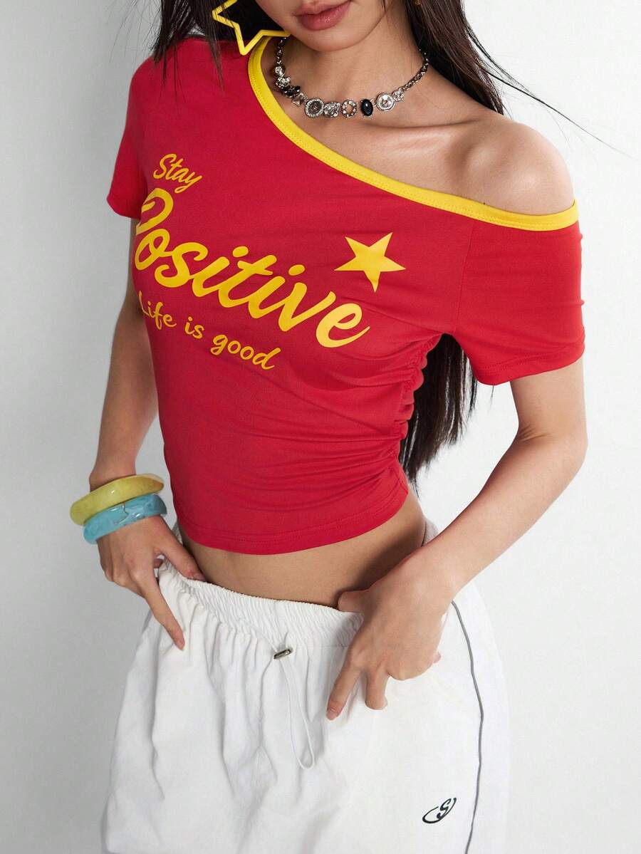 INAWLY Áo croptop phong cách Y2K, áo thun ngắn tay in chữ, khoét vai kiểu American Baddie, thích hợp cho mùa xuân/hè. - Đỏ - Xem 1