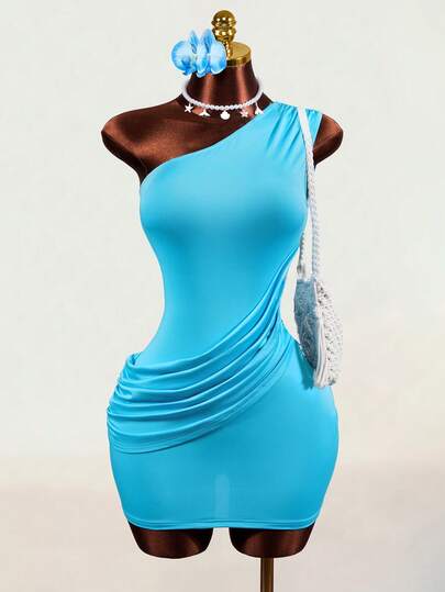 Mistrie 2026 Summer New Arrival Asymmetrical Shoulder Ruched Drape Energetic Vacation Sexy Mini Dress, Sleeveless Fitted Bodycon Dress, Vacation Party Style, Suitable For Vacation, Date, Sky Blue Dress
