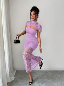 SHEIN Elenzya Solid Color Lace Patchwork Hollow Out Sheer Fitted Short Sleeve Dress - Purple - View 3