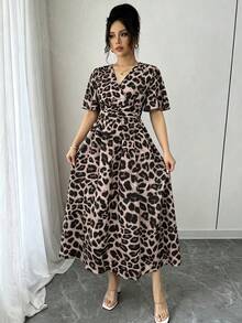 SHEIN LUNE Women's Fashion Leopard Print V-Neck Dress - Multicolor - View 4