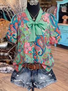 Linhara Paisley-Muster Fliege Puffärmel Hemd, Vintage-Stil Kurzarm Top, geeignet für Südostasien Urlaubsmarkt / Boho-Musikfestival / Freundin Picknick Treffen / Retro Café Check-in, atmosphärische und elegante Bluse - Verschiedenfarbig - Übersicht 3