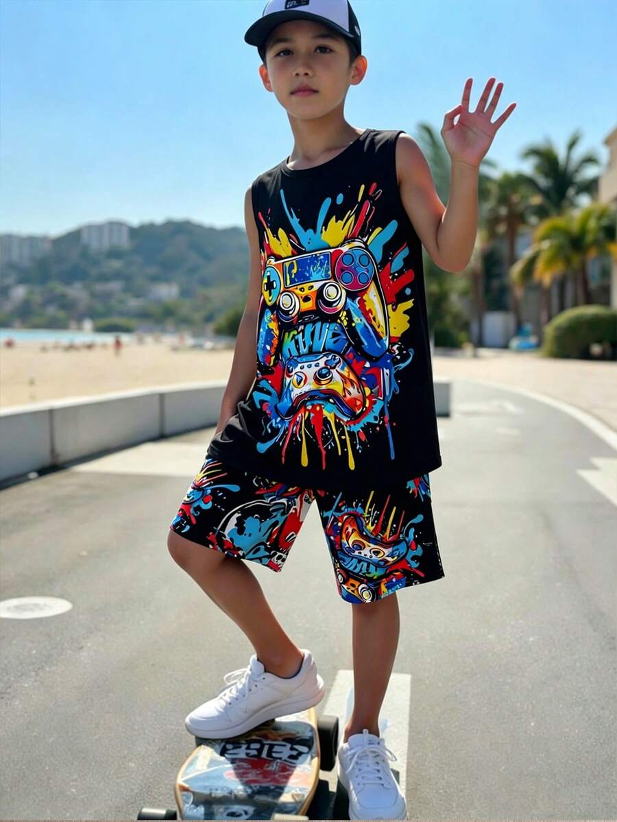 2件套男童夏季休闲彩色游戏机印花上衣和短裤套装,面料柔软舒适,适合日常穿着和运动。 - 黑色 - 查看 1