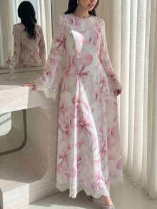 Yasmyna Abito lungo a maniche lunghe con stampa digitale intrecciata rosa, con bordo in pizzo bianco, silhouette a vita stretta e linea ad A, elegante stile romantico arabo, adatto per primavera/estate - Rosa - Visualizzare 8