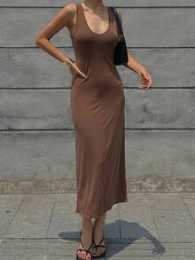 DAZY Europäischer und amerikanischer Stil, neues hochwertiges Figurformende Rüschen-Taille Neckholder Bodycon Kleid für Frauen, geeignet für Frühling und Sommer - Kaffeebraun - Übersicht 4