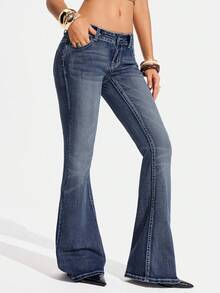 Jeanoix Quần jeans ống loe thời trang dáng Y2K cỡ lớn, đa năng. - Rửa trung bình - Xem 5