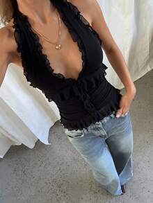 Aloruh Ruffle V-Neck Sleeveless Knit Tank Top, Black Solid Color, Casual Commute Wear, Romantic Date & Holiday,Summer Top - Black - View 6