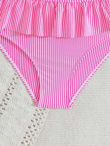 SHEIN Tween Girls Bikini Sets, Green & White Striped Cute Ruffled Asymmetric Shoulder Adjustable Strap Ruffled Hem Triangle Swimwear 2-Piece Swimwear Set - Hot Pink - View 4