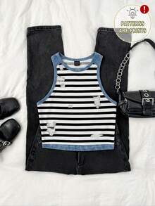 Divinelle Áo tank top nữ dáng ôm, cổ tròn, tối giản, chất liệu giả da máy móc đen trắng kẻ sọc, hiệu ứng giả rách, phù hợp cho mùa hè và phong cách đường phố. - Nhiều màu - Xem 3