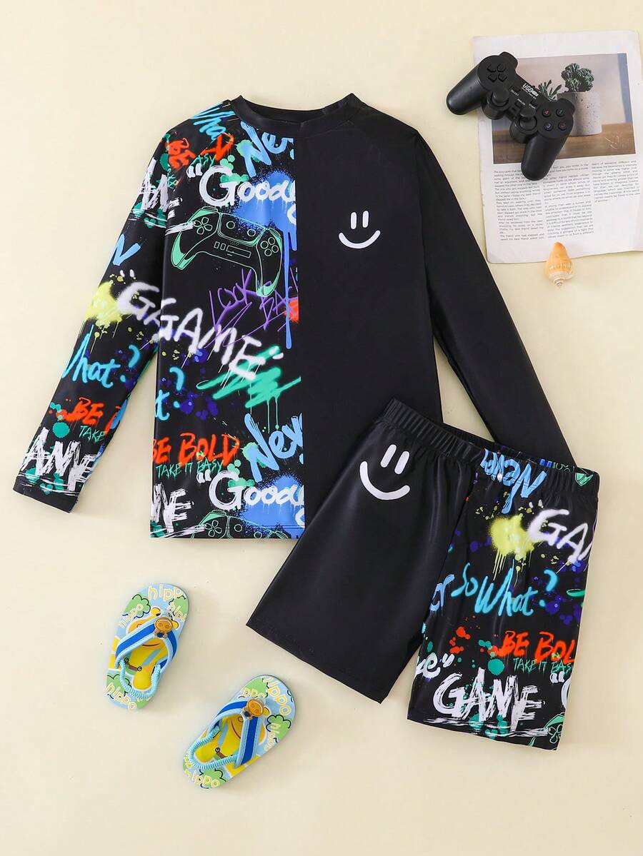 SHEIN Tween Boy Casual Fitted Video Game Glow-In-The-Dark Pattern Tankini 2 Pieces Swimsuit, Suitable For Spring/Summer, Beach Vacation - Multicolor - View 1