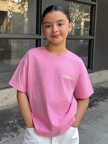 DAZY Oversized Letter Print Round Neck T-Shirt For Tween Girls Summer - Hot Pink - View 7