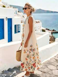 SHEIN Holidaya Đầm maxi dài không tay cổ tròn in hoa màu mơ mới cho nữ mùa hè 2026, kiểu dáng thanh lịch, rộng rãi, thoải mái cho kỳ nghỉ đi biển. - Màu be - Xem 4