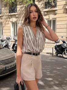 Pariaura White Summer Elegant Sexy 2-Piece Set For Women, Sleeveless V-Neck Pleated Blouse Zipper Waist Solid Shorts, Brunch Holiday Outfit, Business Golf - Apricot - View 4