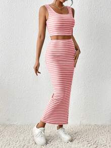 Flirla Women's Solid Color Scoop Neck Striped Print Tank Top And High Slit Skirt 2-Piece Set - Pink - View 6