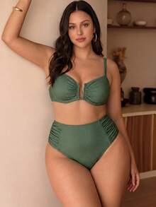 Swim Chiccia Bộ đồ bơi 2 mảnh thanh lịch cho kỳ nghỉ hè 2026, chất liệu vải dệt họa tiết, màu trơn, xếp ly bên hông, cổ chữ V sâu, kiểu dáng tối giản, thích hợp cho mùa xuân/hè, đồ bơi cỡ lớn. - màu xanh lá - Xem 4