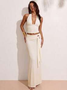 SHEIN BAE Bộ 2 món gồm áo croptop cổ yếm và chân váy maxi cạp thấp xòe tròn dành cho nữ, thích hợp cho kỳ nghỉ thường ngày, đi biển, tiệc cocktail, họp mặt, ăn trưa, dạo chơi, màu nâu. - Màu be - Xem 5