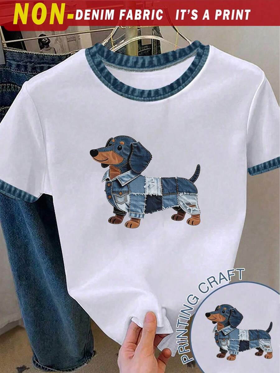 女童休闲T恤,可爱腊肠犬和牛仔印花撞色领短袖T恤,百搭日常穿着 - 彩色 - 查看 1