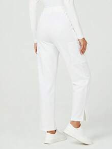 TaskEZ Solid Color Slant Pocket Elastic Waist Pants, Scrub Bottom - White - View 2