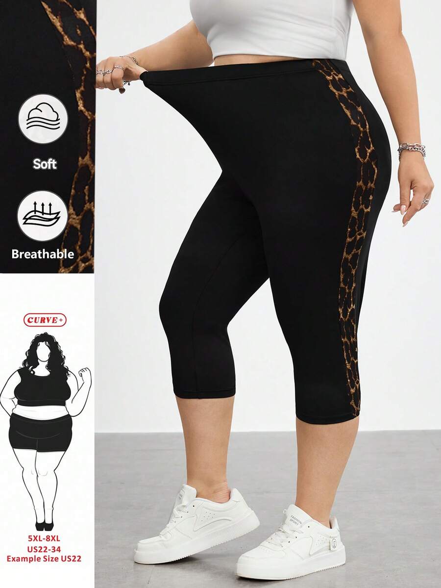 SHEIN CURVE+ 大尺碼女款休閒運動日常通勤高腰豹紋拼接七分長緊身褲 - 黑色 - 查看 1