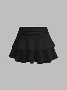 SHEIN Girlism 少女碎花露脐背心和荷叶边半裙两件套，休闲度假装 - 黑色 - 查看 10