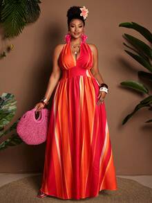 Maweii Plus Size Printed Halter Tie Back Deep V-Neck Dress - Multicolor - View 5