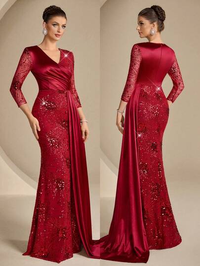 Coutiva Women's Sequin Floral Pattern Ruched Waist Elegant Formal Evening Gown Floral Lace Collar Flare Sleeve Elegant High-End Evening Gown, Luxury Elegant Party Dress Solid Color Square Neck Sleeveless High-End Evening Dress, Elegant And Luxurious Formal Gown Black Bodycon Dress Women's Slim Dress Sexy Curve Dress Black Dress For Women Shapewear Dress Long Black Elegant Dress Black Satin Dress Black Formal Evening Gown Black Dinner Dress Sexy Elegant Dress Black Backless Dress Satin Dress Elegant Graduation Ceremony, School Opening, Music Festival, Birthday Party, Wedding, Afternoon Tea Gathering, Ball Ceremony Dress Wedding Vacation Party Holiday Dresses