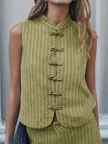Nöista Bộ đồ nữ kiểu Trung Quốc mới, màu tím đỏ cổ điển, gồm áo vest không tay và quần ống rộng, xếp ly kiểu Trung Quốc. - màu xanh lá - Xem 6