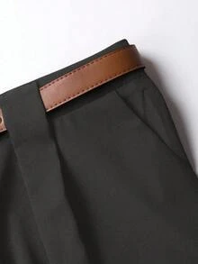 SHEIN Tall CURVE 加大码 TALL 系列女士简约褶裥直筒裤，适合通勤 - 灰色 - 查看 4