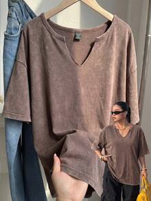 Muchica Plus Size Vintage Chocolate Brown Loose Short Sleeve V-Neck T-Shirt, Cotton Fabric, Spring/Summer - Chocolate Brown - View 1