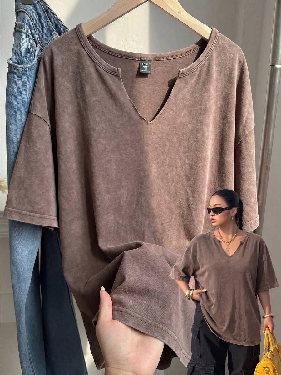 Muchica Plus Size Vintage Chocolate Brown Loose Short Sleeve V-Neck T-Shirt, Cotton Fabric, Spring/Summer - Chocolate Brown - View 1
