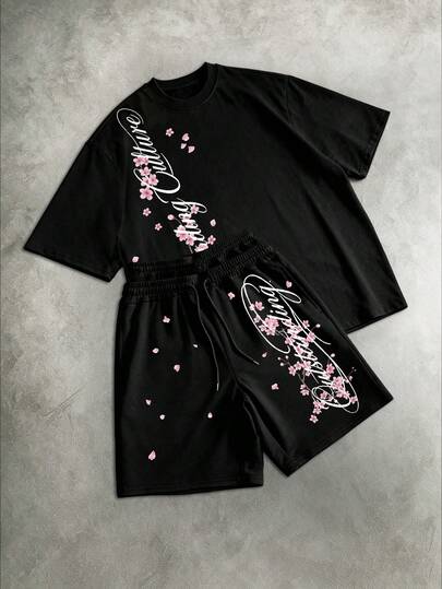 PAVTROS Men's Casual Cherry Blossom & Letter Print T-Shirt And Shorts Set, Summer
