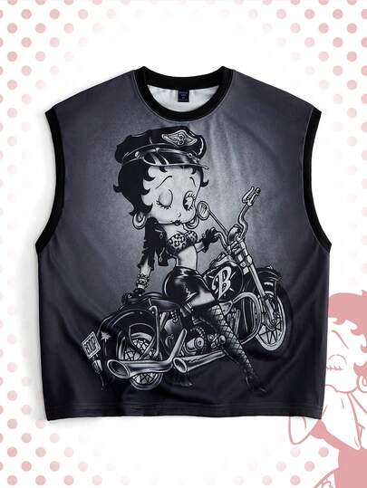 ROMWE MEN Betty Boop | ROMWE Men's Y2K Casual Fashionable Street Everyday Commute Cartoon Character Ombre Print Loose Fit Tank Top, Summer