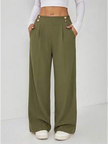 SHEIN EZwear 优雅休闲金属双扣直筒办公裤，大码，秋冬款 - 綠色 - 查看 4