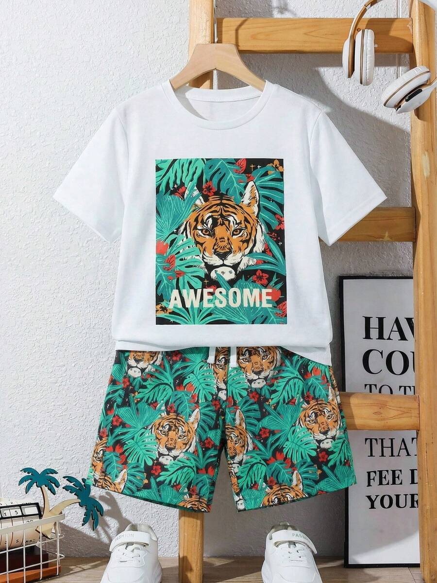 SHEIN 男孩1入組老虎和熱帶圖案T恤和1入組短褲 - 白色 - 查看 1