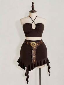 ROMWE Plus Size Y2K Boho Hippie Summer Beach Vacation Romantic Versatile Retro Halter Top And Asymmetric Hem Skirt 2 Pieces Set Brown - Brown - View 1