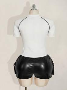 SHEIN ICON 大码女式黑白撞色镂空缝线T恤 - 白色 - 查看 2