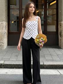 SHEIN 2件組少女復古法式黑白波點夏季80年代風格婚禮賓客穿搭，珍珠鈕扣細肩帶上衣搭配黑色寬腿長褲 - 黑色 - 查看 4