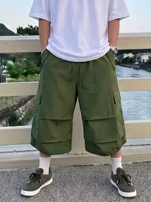 Manfinity Roghcode Men's Solid Color Cargo Pocket Loose Wide Leg Capri Pants - Army Green - View 5