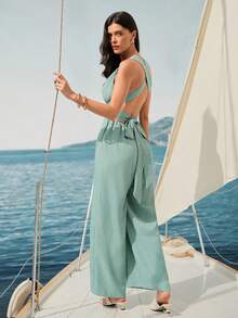 Rafferiza Bộ jumpsuit nữ cổ chữ V thắt eo ống rộng, màu xanh dương, trang phục mùa hè thường ngày. - màu xanh lá - Xem 7
