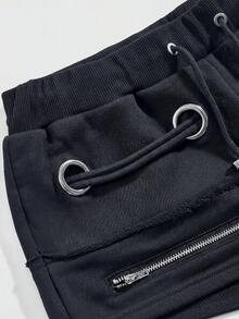 ROMWE Grunge Punk Shorts mini de tiro súper bajo con ojales metálicos y cordones en estilo retro Y2K desgastado - Gris Oscuro - Ver 4