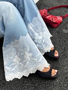 Rivivi Plus Size Women's Non-Stretch Light Wash Denim Jeans With Lace Trim, Loose Fit Long Straight Leg Cowboy Pants For Summer Date Night Formal Light Blue - Light Wash - View 1