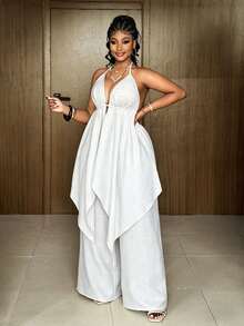 Maweii Plus Size Backless Tie-Up Asymmetric Hem Sexy 2 Pieces Set For Date & Holiday - White - View 3