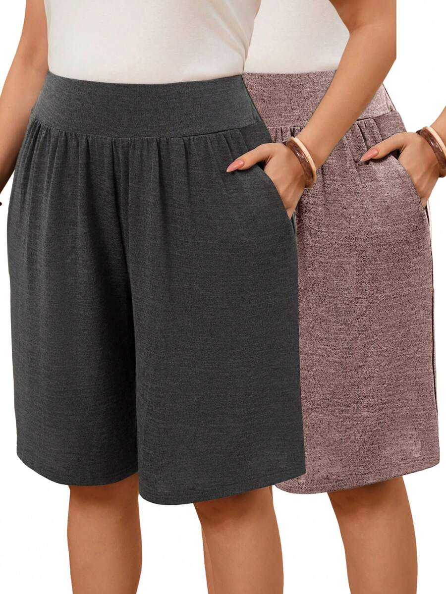 EMERY ROSE 2pcs/Set Plus Size Women Bermuda Shorts,,Summer Vacation - Multicolor - View 1