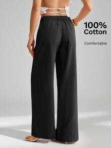 SHEIN Tall 100%水洗棉低腰直筒長褲，適合高個女性 - 黑色 - 查看 2